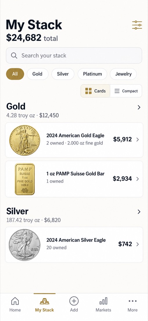 My Stack screen listing gold and silver coins and bars